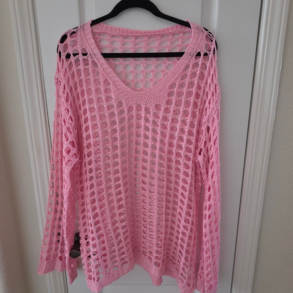 Pink Crochet Knit V-Neck Sweater Open Weave Long Sleeve Boho Top XL